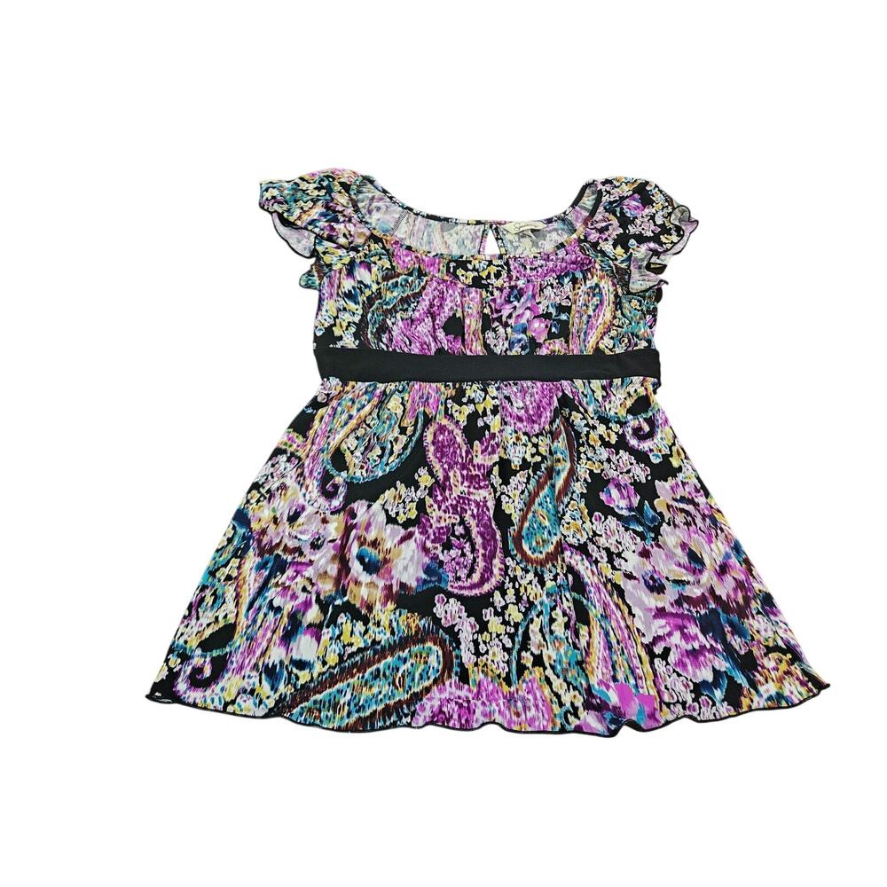 Speechless Paisley Babydoll Top L Purple Black Flutter Sleeve Boho Y2K